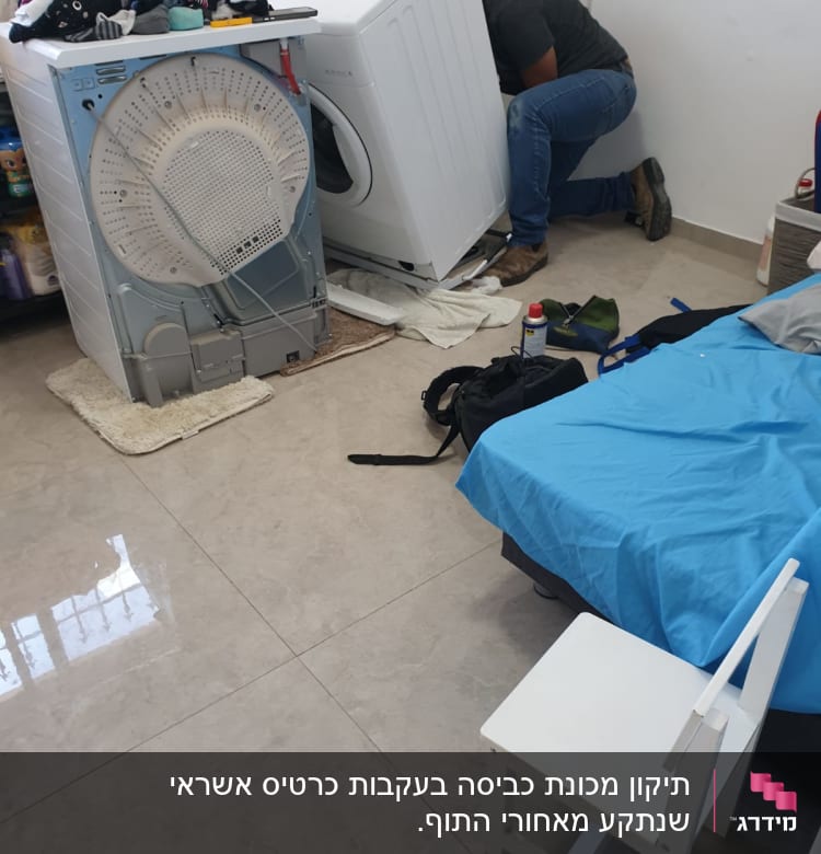 אדם מתקן מכונת כביסה בחדר עם כלים